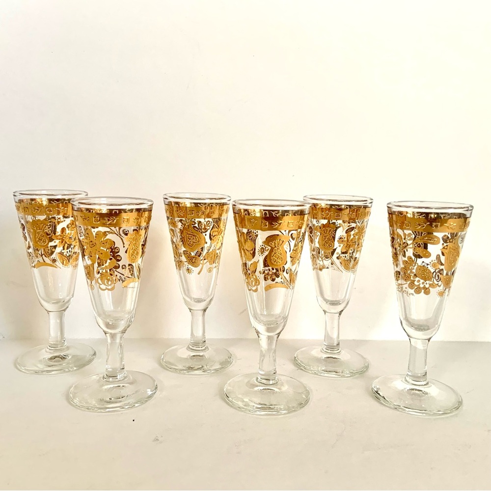 Culver Gold Chantilly Cordial Glasses Vintage Barware 4" Set 6 Christmas Floral